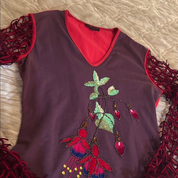 Kanika Cruz floral sequin embroidered open-knit crochet fringe sleeves top sz.S - Picture 11 of 13